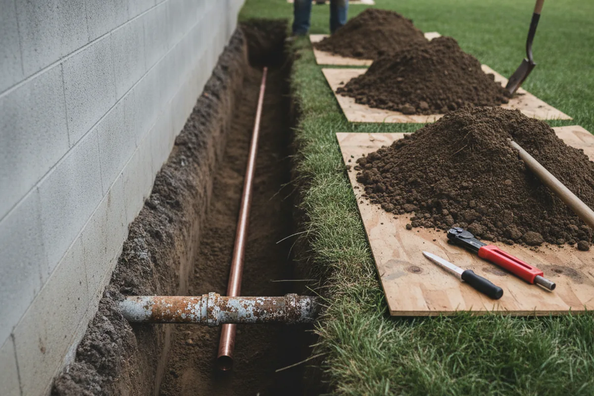 Excavated water line trench during Sewer Line Repair in Coeur d'Alene